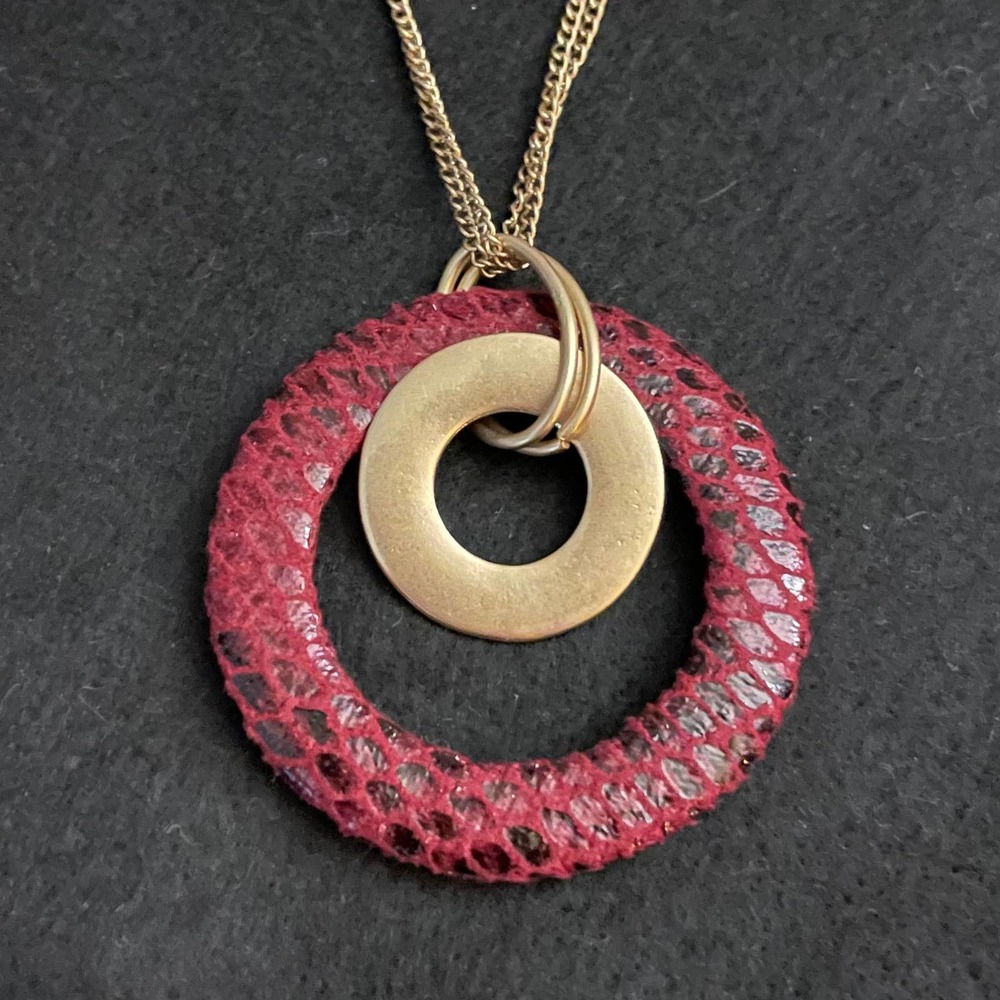 Long 30" Necklace Opera Length Maroon Gold Colored Pendant Simple Elegant